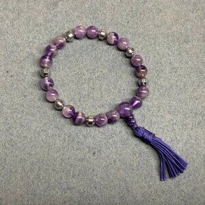 Marbled Tassel Stretch Bracelet 7 In Amethyst Purple Silver Bead Retro Vintage